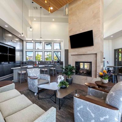 Vistas at Jackson Creek clubhouse lounge with modern fireplace and stylish seating