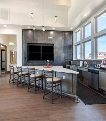 Vistas at Jackson Creek clubhouse lounge with modern fireplace and stylish seating